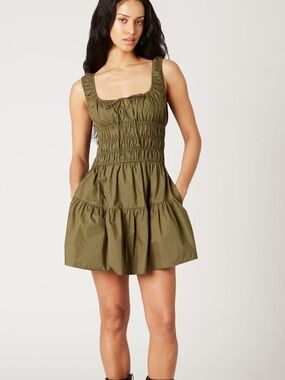 NIA Salt Dress Khaki Green Mini Ruffle Smocked Waist Peasant Style Bohemian M